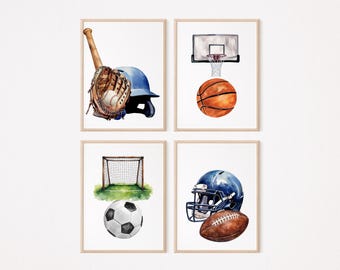 Watercolor Sports Gallery Wall Art, Football Baseball Basketball Hockey Soccer Golf Decor, Nursery Sports Print Set, Sports Lover Gift,