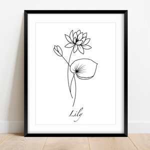 Black and White Birth Flower Prints, Line Art Drawing, July Water Lily, Living Room Decor, Minimal Decor, Home Decor, Modern Wall Art,