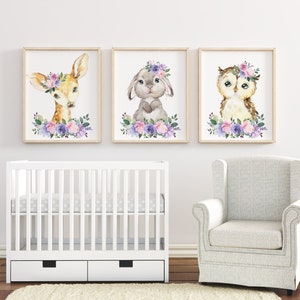 Baby Girl Nursery Wall Art, Lavender Pink Floral Prints, Woodland ...