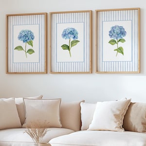 Set of 3 Blue Hydrangea Prints, Chinoiserie Wall Art, Hydrangea Print, Grandmillennial Art, Hydrangea Painting, Botanical Art, Blue Stripes,