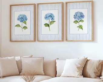 Set di 3 stampe di ortensie blu, arte murale cineseria, stampa di ortensie, arte grandmillennial, dipinto di ortensie, arte botanica, strisce blu,