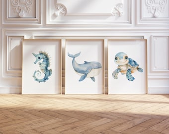 Ocean Animal Prints Set of 3 – Under the Sea Nursery Wall Art