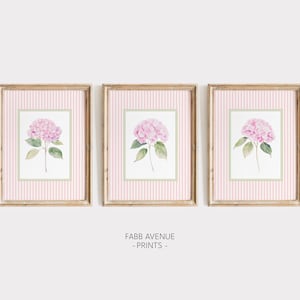 Set of 3 Pink Hydrangea Prints, Chinoiserie Wall Art, Hydrangea Print, Grandmillennial Art, Hydrangea Painting, Botanical Art, Pink Stripes,
