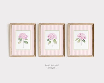Set of 3 Pink Hydrangea Prints, Chinoiserie Wall Art, Hydrangea Print, Grandmillennial Art, Hydrangea Painting, Botanical Art, Pink Stripes,