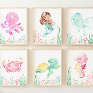 Kinderzimmer Meerjungfrau Drucke, Kinderzimmer Wanddekoration, Schildkröte Seepferdchen, Baby Shower Geschenk, Baby Mädchen Kinderzimmer Wandkunst, Maritime Ozean Drucke,