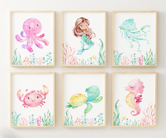 Girl Nursery Mermaid Prints, Nursery Wall Decor, Turtle Seahorse, Baby Shower Gift, Baby Girl Nursery Wall Art, Nautical Ocean Prints,