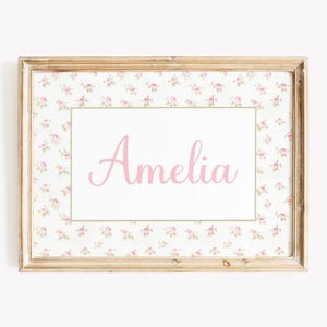 Gepersonaliseerde naam afdruk meisjesnaam, bloemen kinderkamer, roze rozen bloemen kinderkamer muur decor, decor babykamer meisje, aangepaste stijl coquette naam