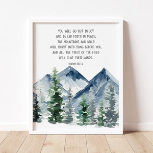 Kid's Bible Verse Woodland Nursery Prints, Isaiah 55:12, Mountains, Trees, Boy Wall Art, Nursery Decor, Boy Woodland Nursery Wall Art,