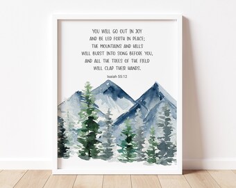 Kid's Bible Verse Woodland Nursery Prints, Isaiah 55:12, Mountains, Trees, Boy Wall Art, Nursery Decor, Boy Woodland Nursery Wall Art,