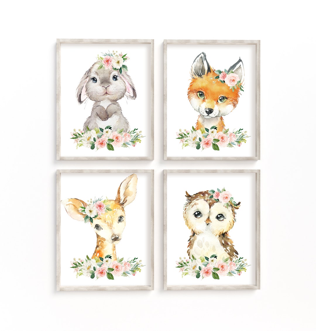 4 Floral Woodland Animal Prints, Baby Girl Nursery Wall Art, Girls Room ...