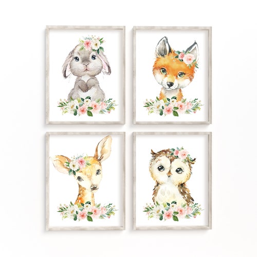 Baby Girl Nursery Wall Art Floral Woodland Animal Prints Etsy