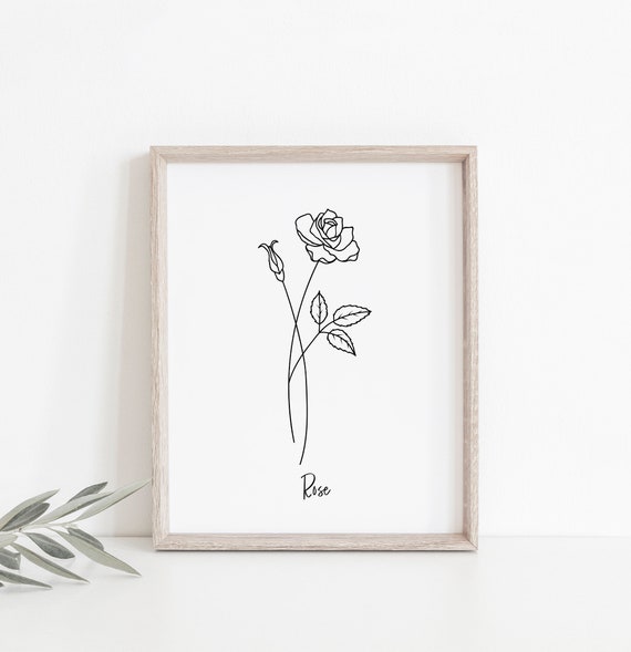 Black and White Birth Flower Print, Line Art Drawing, Rose Print, Living Room Decor, Minimal Decor, Home Decor, Modern Art, Modern Prints,