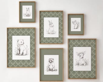 Set of 6 Woodland Nursery Wall Art, Woodland Illustrations, Forest Animals, Vintage Woodland Nursery Decor, Vintage Animal Illustrations,