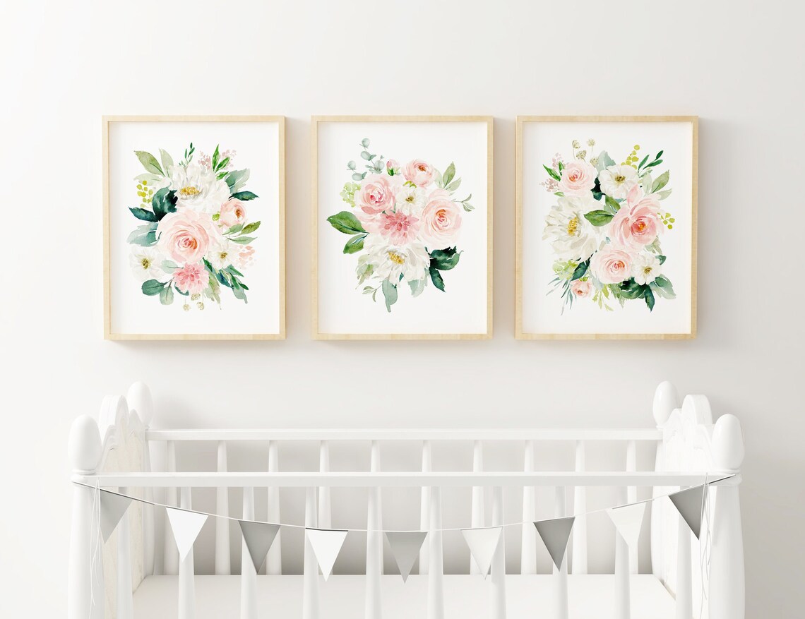 Girl Nursery Blush Pink Watercolor Floral Bouquets Watercolor - Etsy