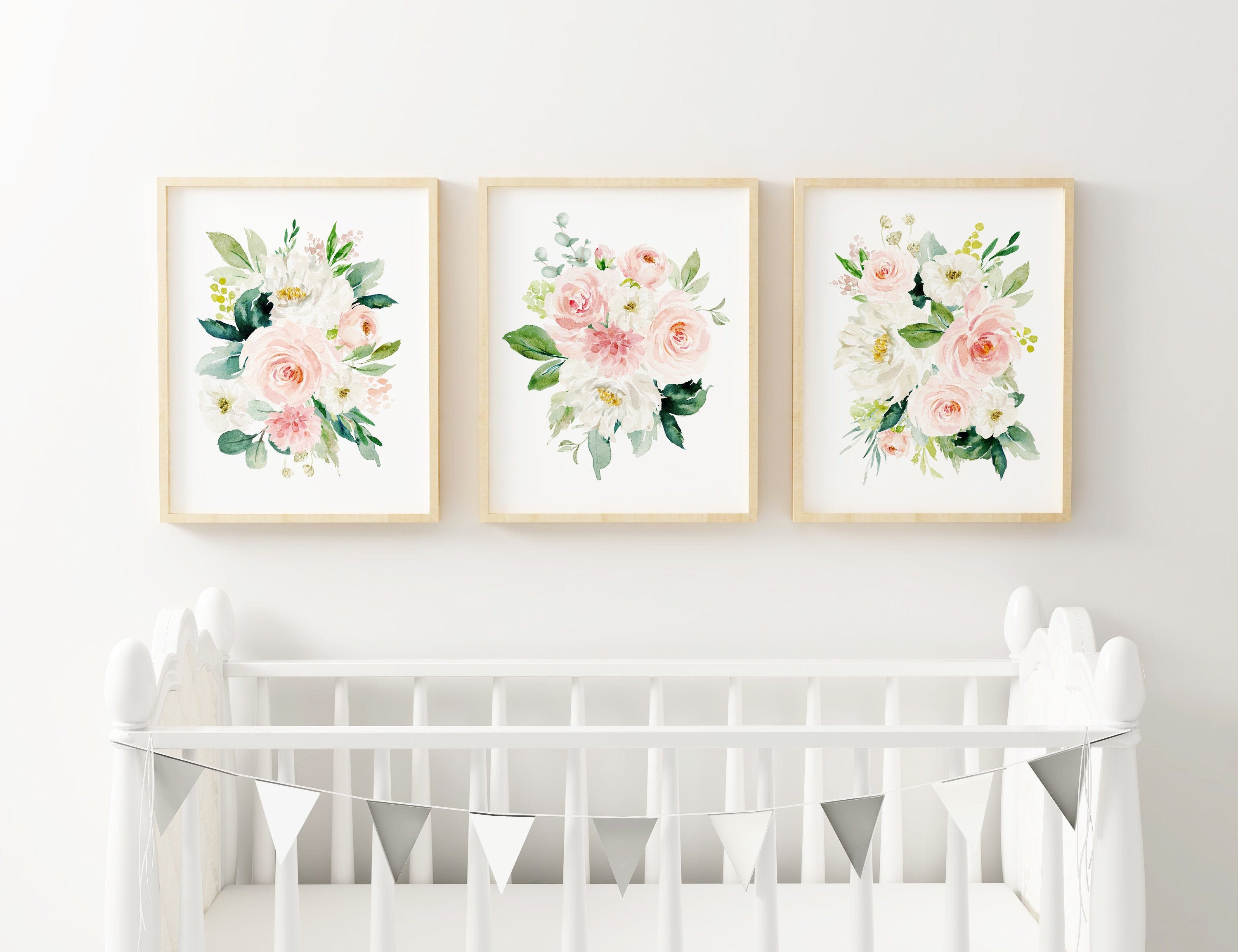 Girl Nursery Blush Pink Watercolor Floral Bouquets, Watercolor Floral ...