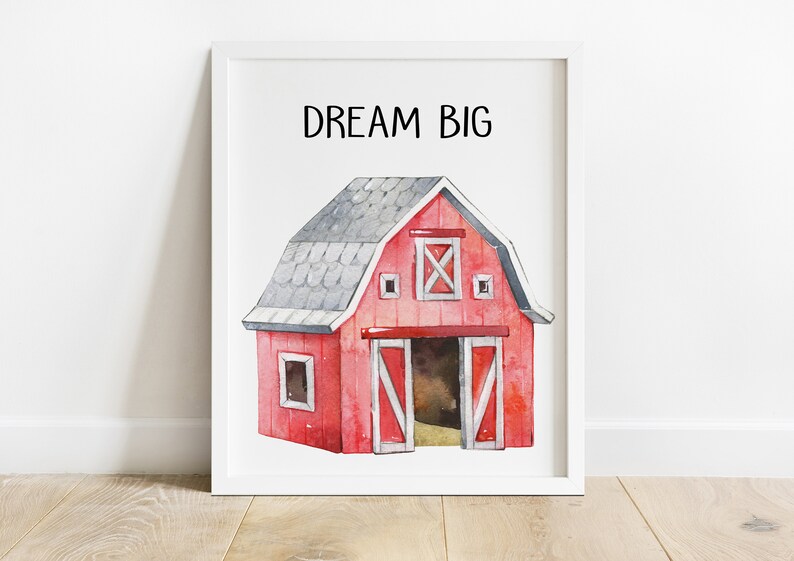 May include: A watercolor illustration of a red barn with a gray roof and the text "DREAM BIG" printed above it. The barn has a large open door and two smaller windows.