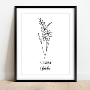 Black and White Birth Flower Prints, Line Art Drawing, August Gladiolus, Living Room Decor, Minimal Decor, Home Decor, Modern Wall Art,