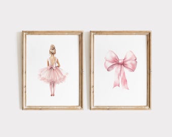 Ballerina Nursery Wall art, Girl Nursery Print, Pink Ballet Nursery Prints, Baby Girl Gift, Nursery Wall Decor, Ballerina with Tutu, Bow,