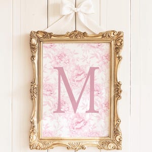Custom Initial Letter M, Grandmillennial Style Monogram Print, Coquette Print, Floral Nursery Decor, Elegant French Toile Print Chinoiserie,