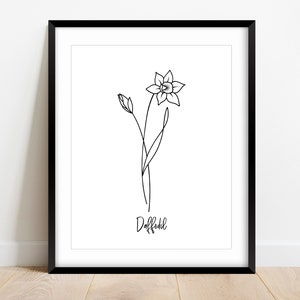 May include: A black and white line drawing of a daffodil flower with the word "Daffodil" written below it.