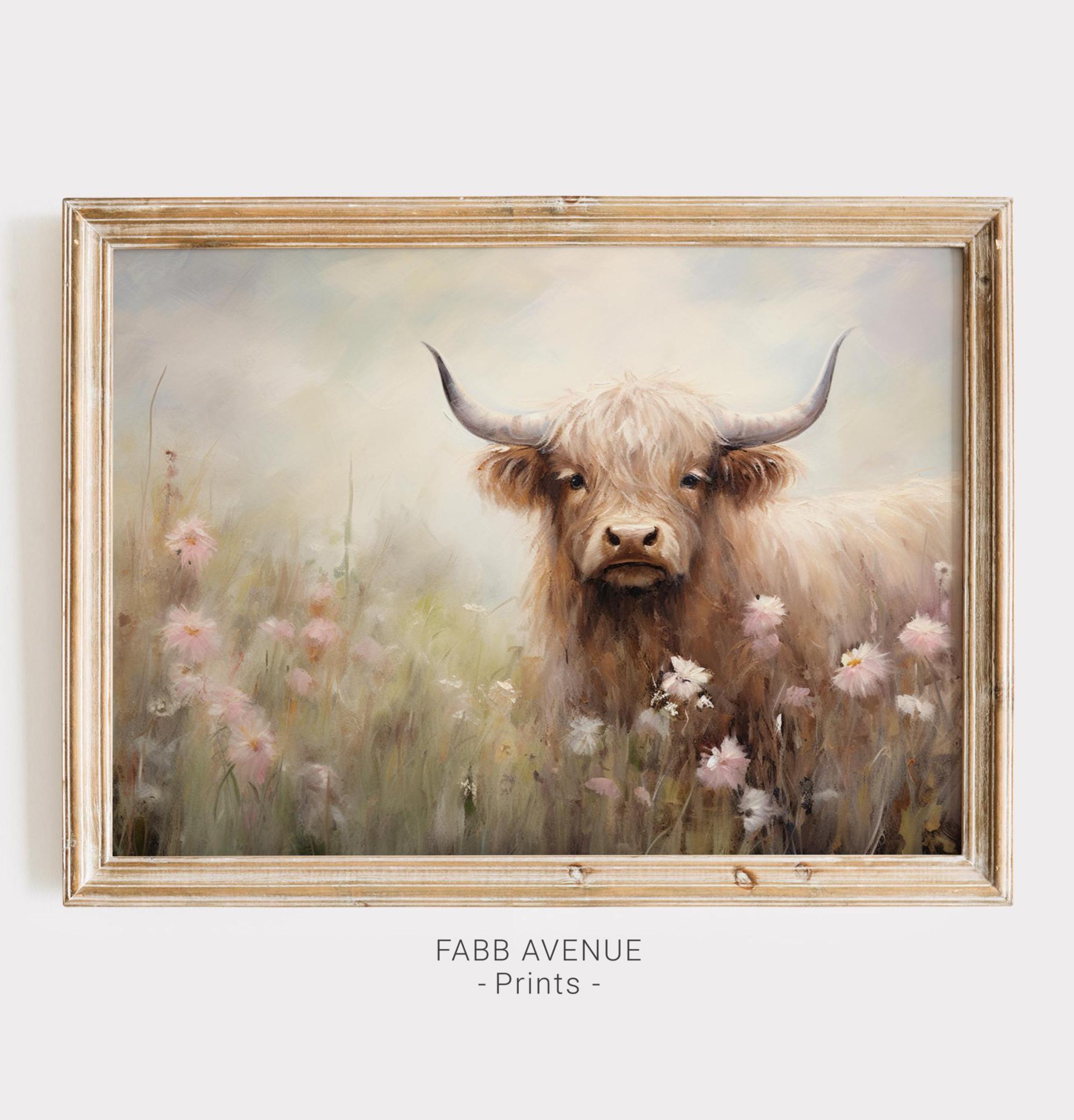 Highland Cow Vintage Oil Painting Print, Farmhouse Art, Cattle Cow Print, Rustic Wall Art, Farmhouse Decor, Printable Vintage Art, Baby Cow,