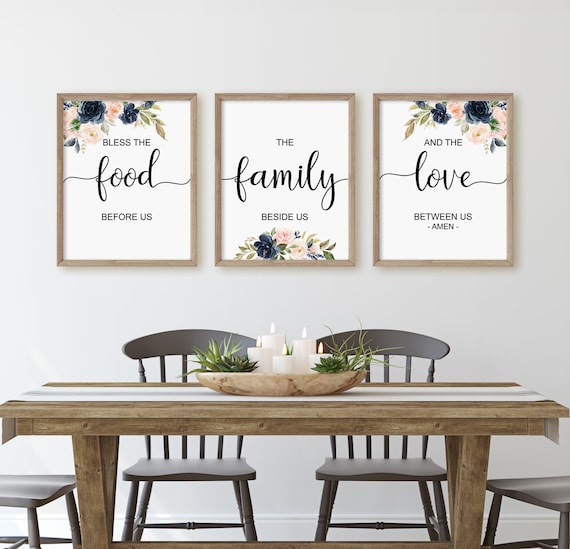 3er Set Bless the food before us Drucke, Esszimmer Deko, Küchen Wandkunst, Wohnkultur, Blush Navy Floral, BibelVers Wandkunst, Rustikal,
