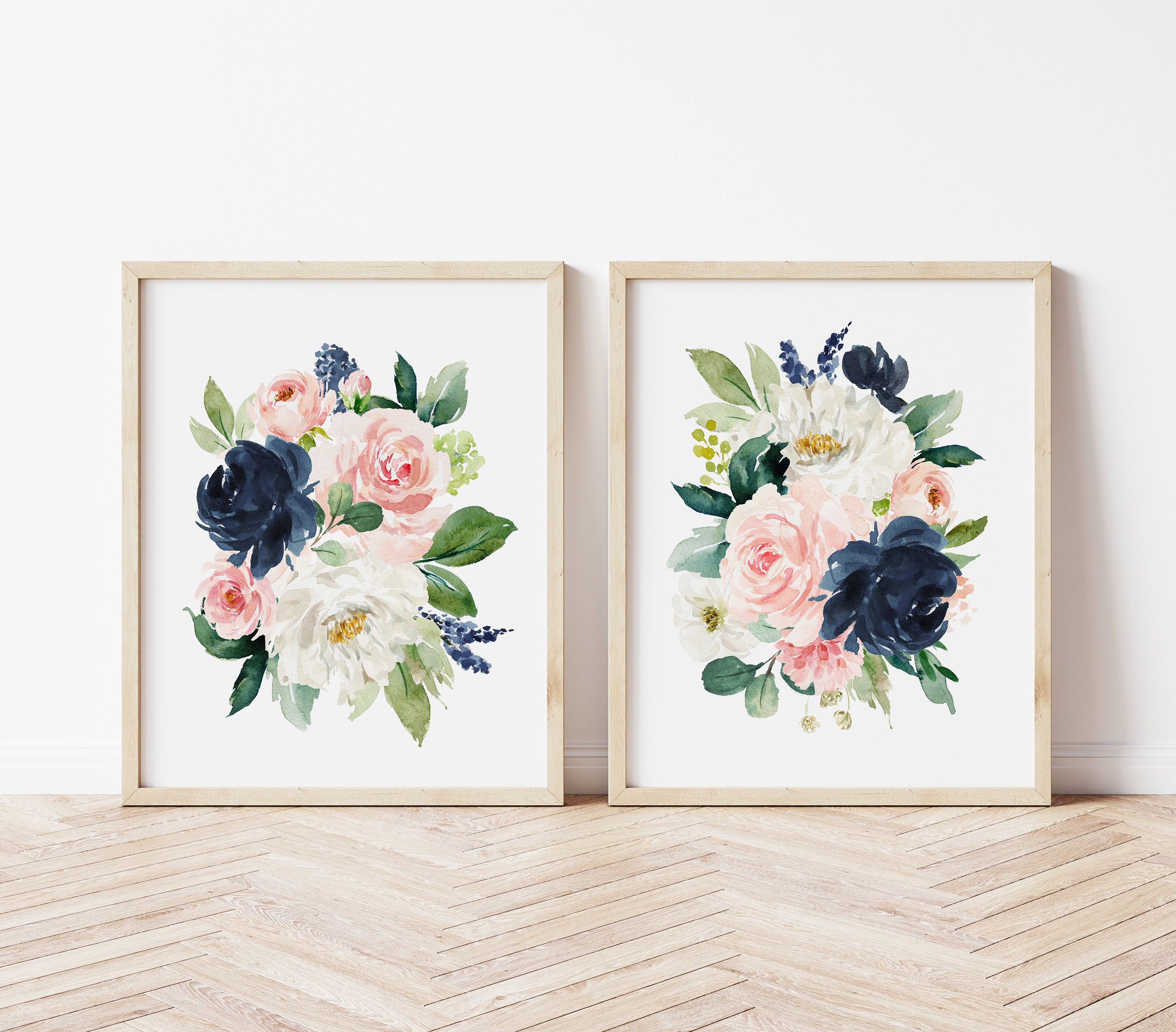 Pink Navy Watercolor Floral Nursery Art, Pink Flowers, Nursery Wall ...