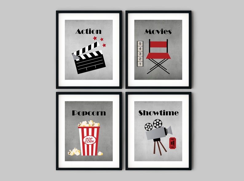 Puede incluir: Cuatro impresiones enmarcadas en negro con fondo gris y texto blanco. Las impresiones presentan ilustraciones con tem&aacute;tica de cine, incluyendo una claqueta, una silla de director, un cubo de palomitas de ma&iacute;z y una c&aacute;mara de cine. El texto en las impresiones dice "Acci&oacute;n", "Pel&iacute;culas", "Palomitas de ma&iacute;z" y "Hora de la funci&oacute;n".