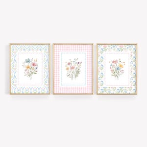 Set of 3 Wildflower Nursery Print, GrandMillenial Baby Girl Room Decor, Floral Wall Art, Botanical Nursery Print Set, Pink and Blue Decor