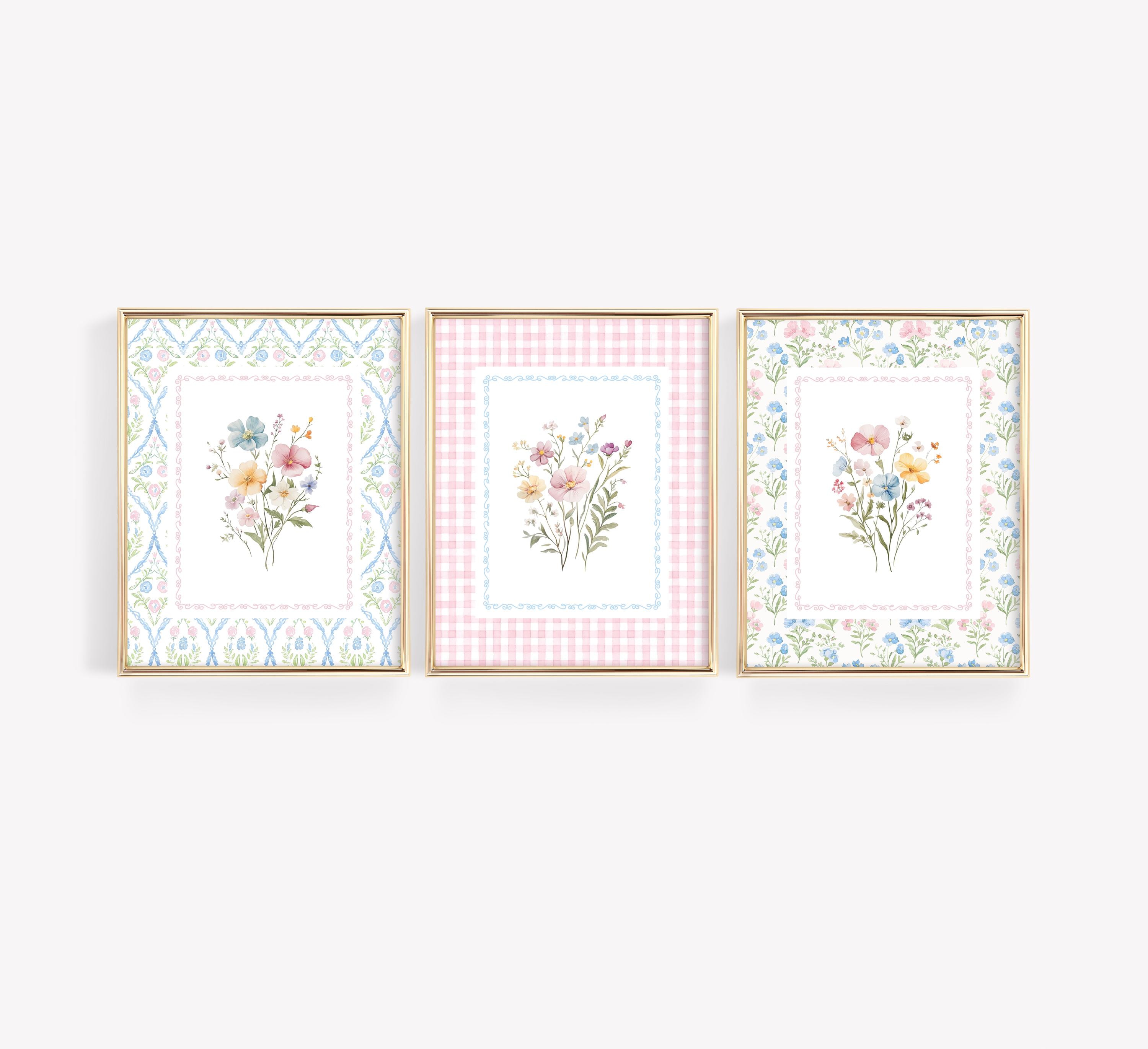 Set of 3 Wildflower Nursery Print, GrandMillenial Baby Girl Room Decor, Floral Wall Art, Botanical Nursery Print Set, Pink and Blue Decor