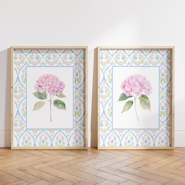 Set of 2 Pink Hydrangea Prints, Chinoiserie Wall Art, Hydrangea Print, Grand Millennial Art, Hydrangea Painting, Botanical Art, Blue Pink,