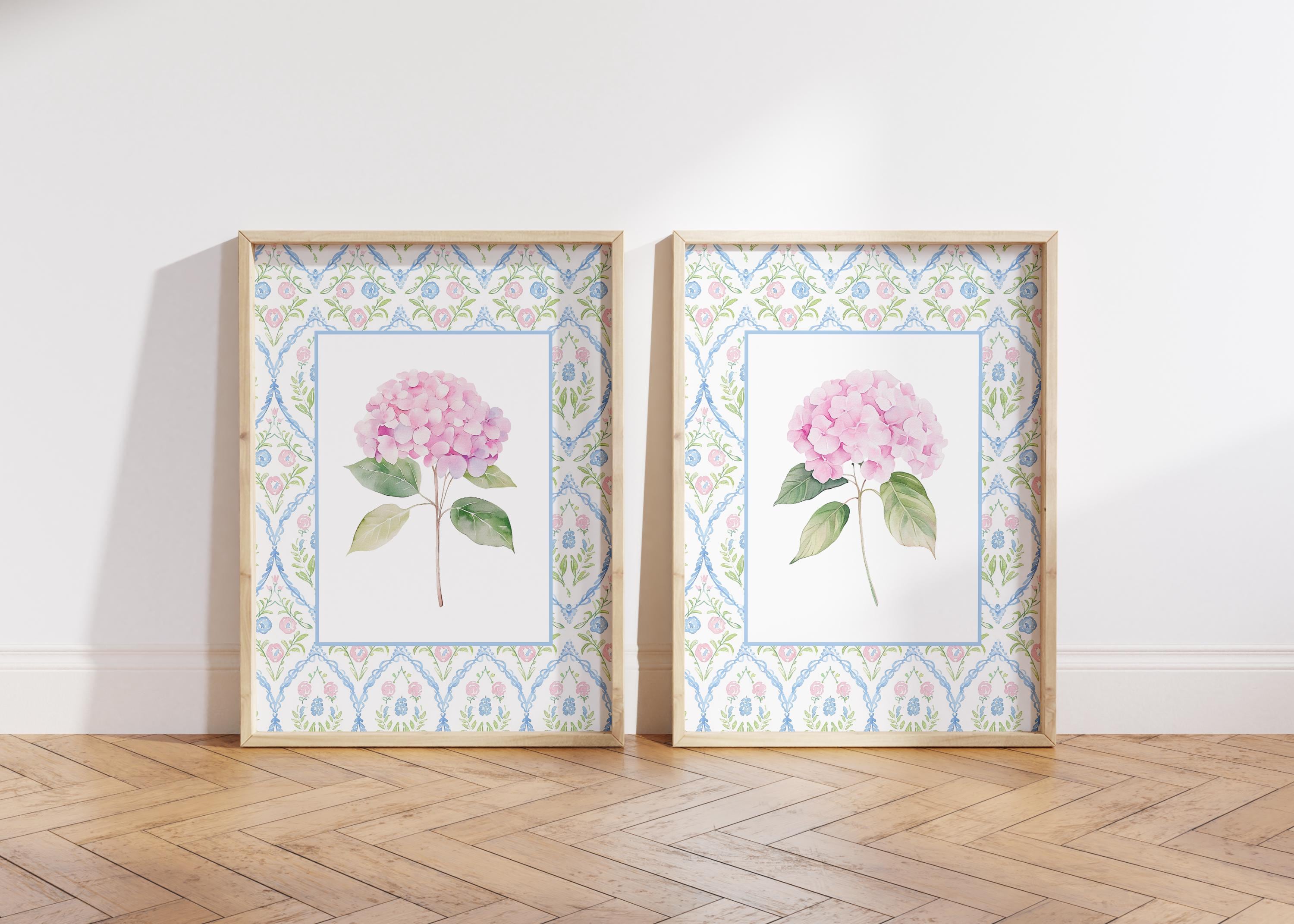 Set of 2 Pink Hydrangea Prints, Chinoiserie Wall Art, Hydrangea Print, Grand Millennial Art, Hydrangea Painting, Botanical Art, Blue Pink,