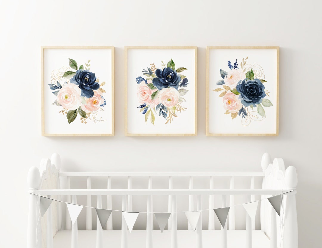 Set of 3 Pink Navy Floral Prints, Floral Nursery Wall Art, Girl Nursery ...