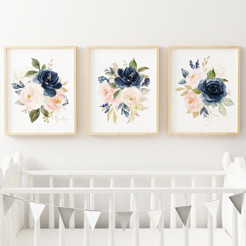 Floral Girl Nursery Wall Art Watercolor Blush Pink Coral Navy Etsy