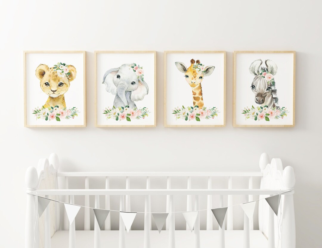 Watercolor Floral Safari Animal Baby Girl Nursery Wall Decor, Blush ...