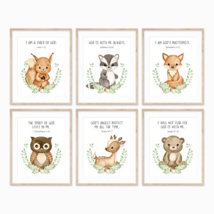 Set of 6 Kid&#39;s Bible Verse Prints, Woodland Animal Prints, Christian Wall Decor, Baby Nursery Wall Art, Nursery Animal Print, Kids Decor,