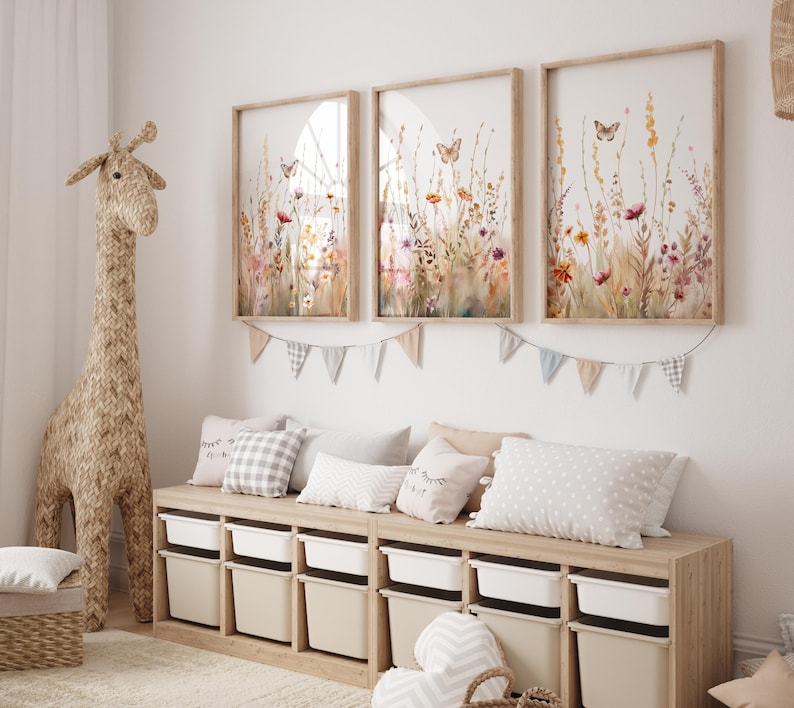 Boho Wildflowers Butterflies Prints, Field of Flowers, Floral Nursery ...