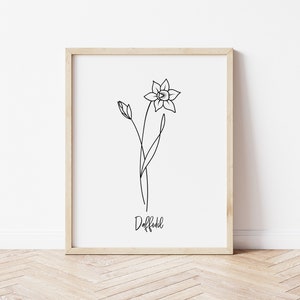 May include: A black and white line drawing of a daffodil flower with the word "Daffodil" written below it.