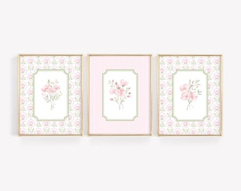 Set of 3 Floral Nursery Print, GrandMillenial Baby Girl Room Decor, Floral Wall Art, Botanical Print Set, Pink Green Decor, Livingroom Print