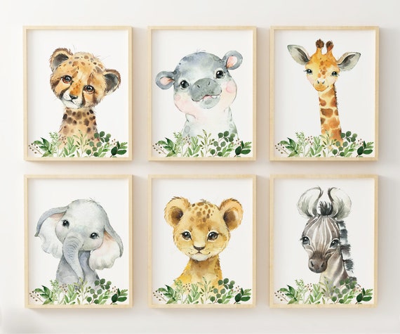 6 Safari Animal Nursery Prints, Eucalyptus Print, Boy Nursery Jungle Animals, Elephant Lion Giraffe Cheetah, Nursery Decor, Baby Shower Gift