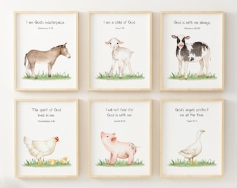Nursery Bible Verse Prints, Farm Animal Prints, Christian Wall Decor, Girl Nursery Wall Art, Boy Room Decor, Animal Prints, Gender Neutral,