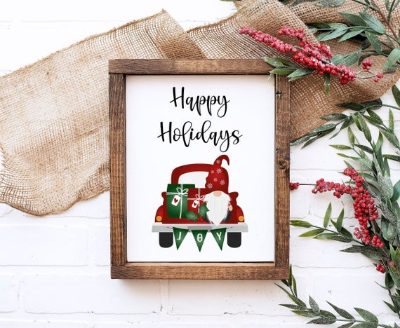 Happy Holidays Print, Christmas Gnome, Christmas Decorations, Red Truck,  Living Room Decor, Holiday Art Decor, Printable Art, Home Decor, 