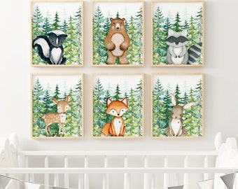 Set of 6 Boys Nursery Woodland Animal Prints, Nursery Wall Decor, Baby Shower Gift, Evergreen Trees, Nursery Wall Art, Forest Animals, Fox,