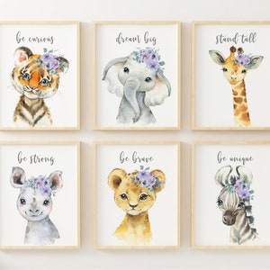 Floral Safari Animal Prints, Nursery Wall Decor, Watercolor Jungle Animals, Baby Shower Gift, Elephant, Lion, Giraffe,