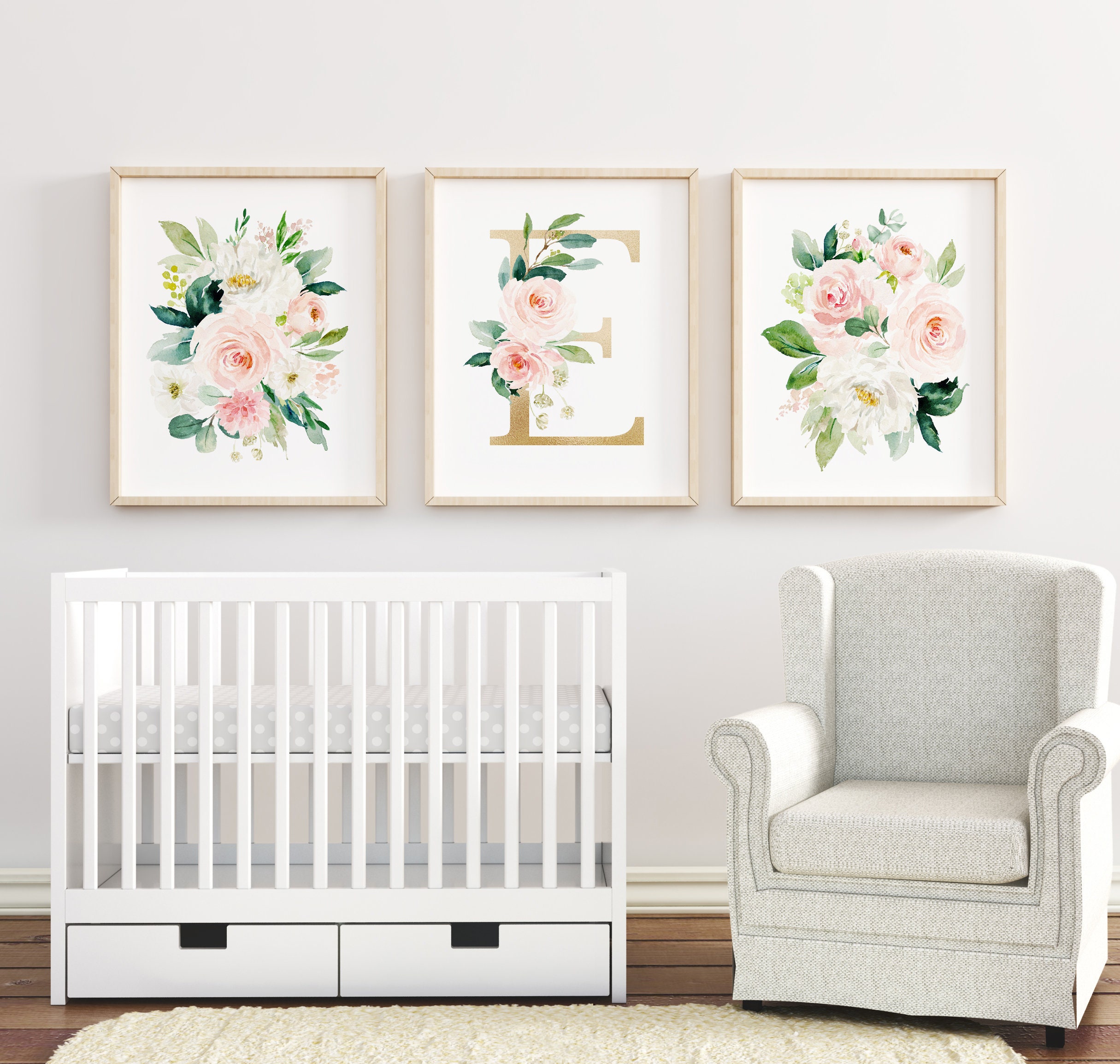 Watercolor Floral Blush Nursery Art, Custom Gold Monogram, Nursery ...