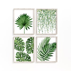 Set of 4 Tropical Prints, Monstera Leaf Print, Botanical Print Set, Tropical Decor, Watercolor Leaves, Living Room Decor, Plant Lover Gift,