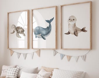 Set of 3 Under the Sea Prints, Nursery Decor, Ocean Baby Animal Prints, Kids Room Decor, Baby Room Decor, seal whale turtle