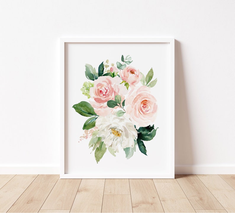 Puede incluir: Una pintura de acuarela de un ramo de rosas rosas y blancas con hojas verdes. Las flores est&aacute;n dispuestas en un estilo suelto y natural.