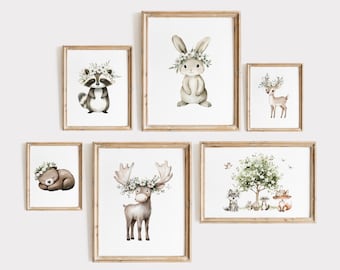 Girl Watercolor Woodland Animal Prints, Girl Nursery Art, Forest Animal Nursery Print, Girl Nursery Wall Art, Floral Nursery Decor,