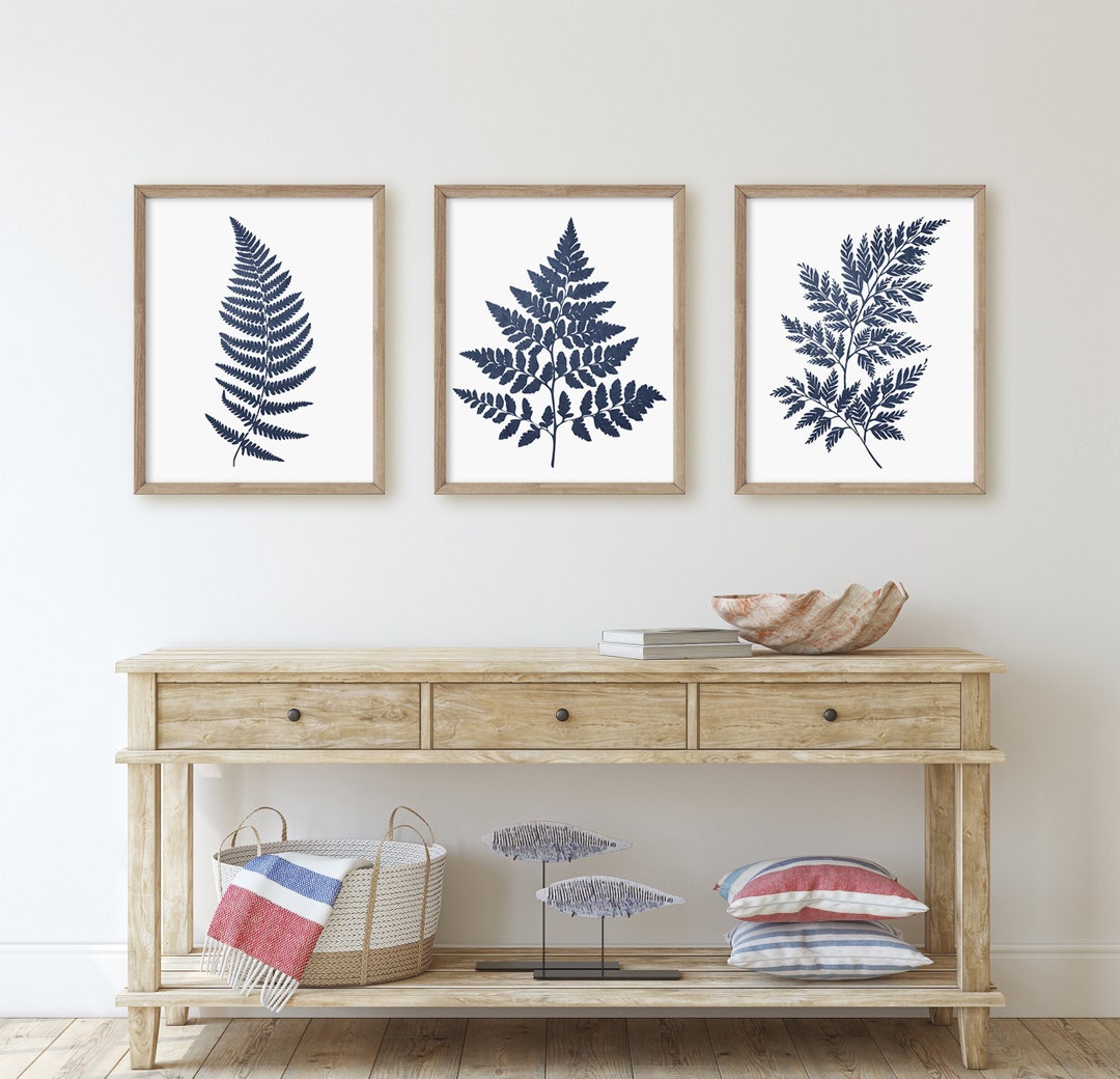 Set of 3 Fern Leaf Prints, Navy Blue Leaf Prints, Botanic Wall Prints ...